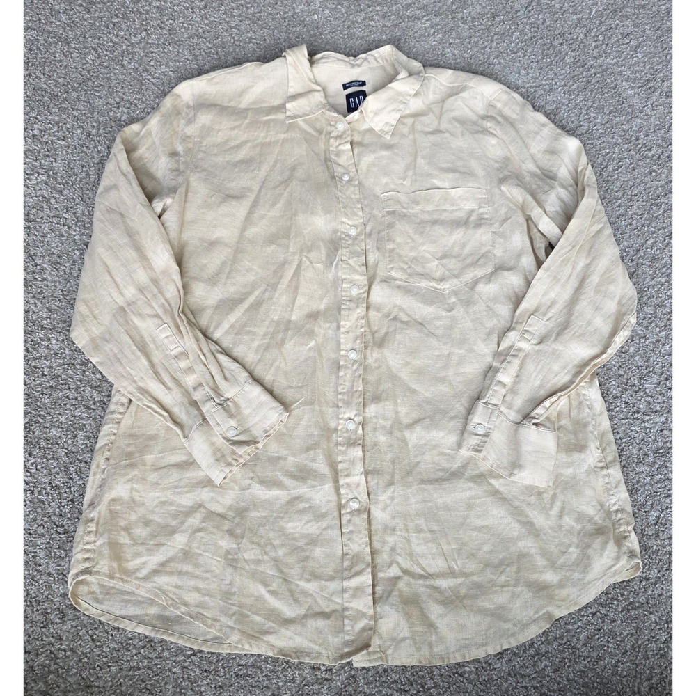 Women's Beige Gap Boyfriend Fit Long Sleeve Button Down Shirt Made Of 100% Linen